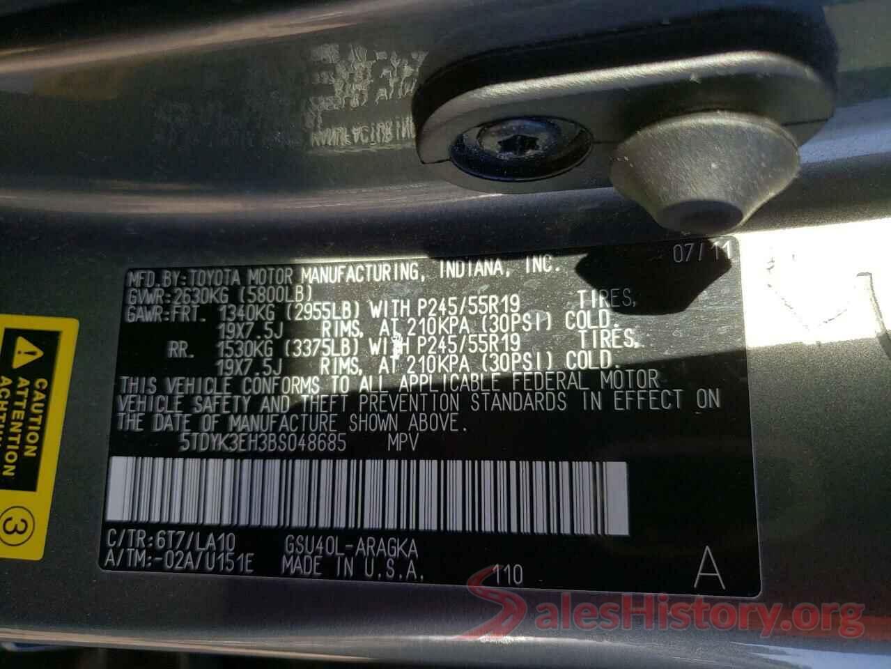 5TDYK3EH3BS048685 2011 TOYOTA HIGHLANDER