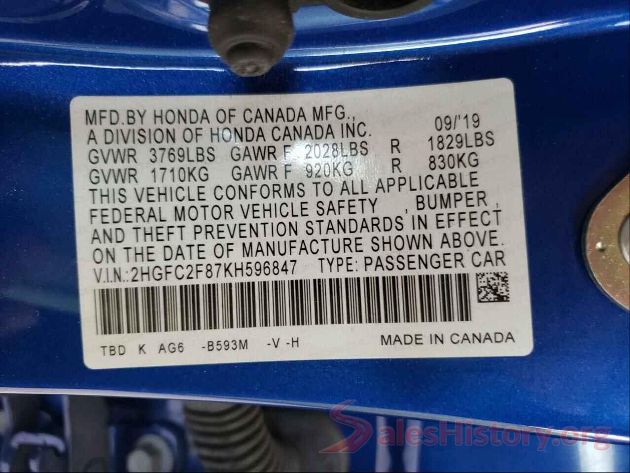 2HGFC2F87KH596847 2019 HONDA CIVIC