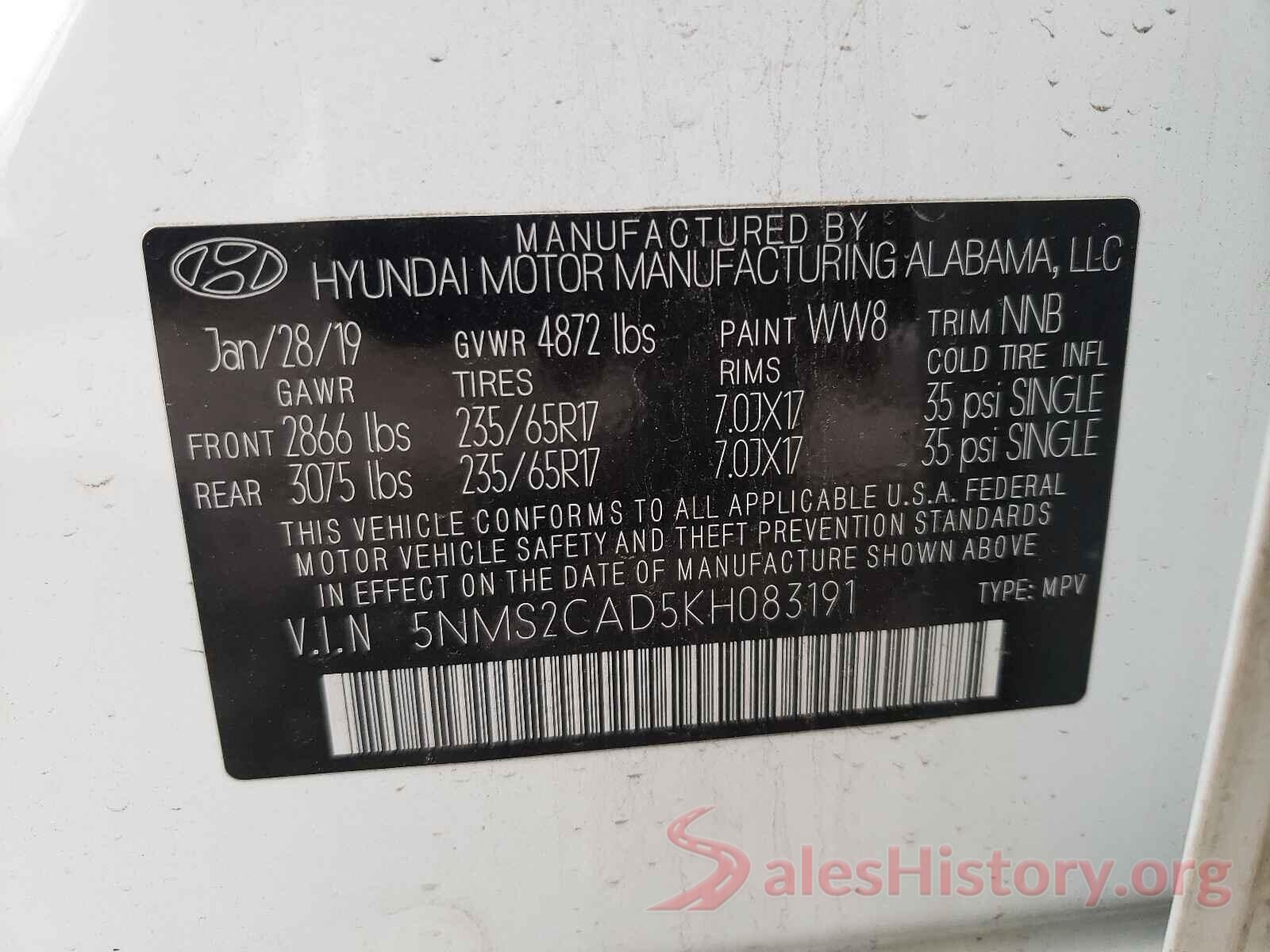 5NMS2CAD5KH083191 2019 HYUNDAI SANTA FE