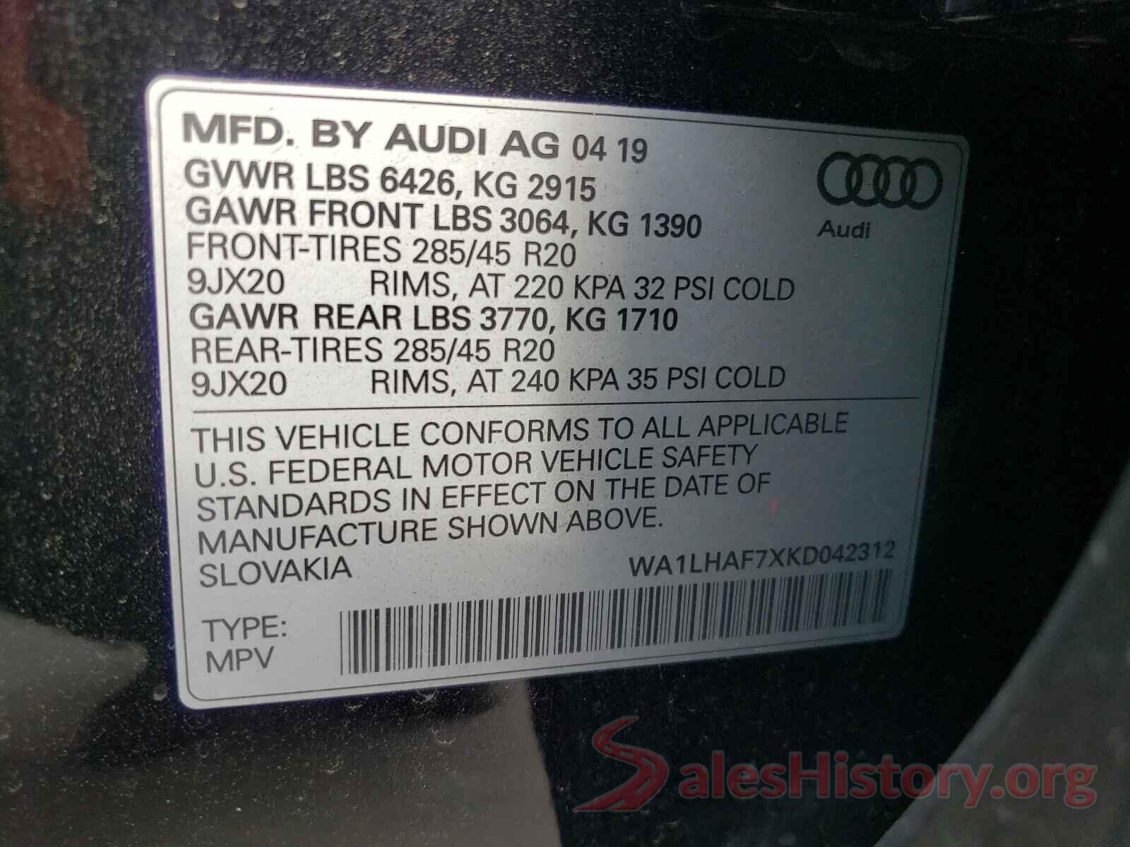 WA1LHAF7XKD042312 2019 AUDI Q7