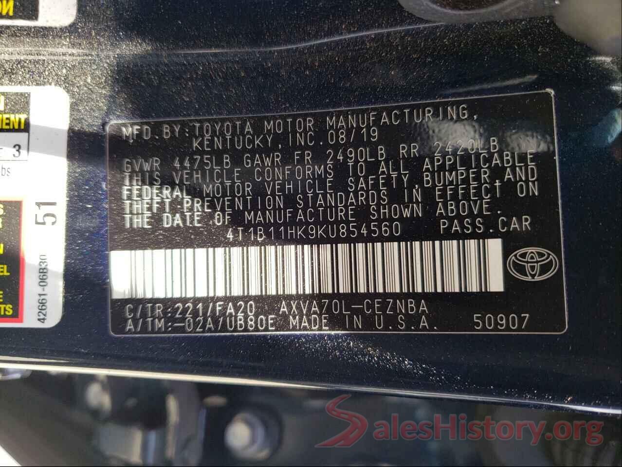 4T1B11HK9KU854560 2019 TOYOTA CAMRY