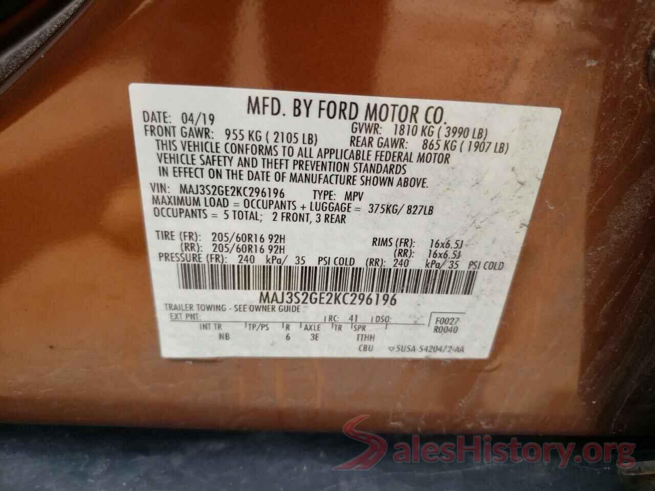 MAJ3S2GE2KC296196 2019 FORD ECOSPORT