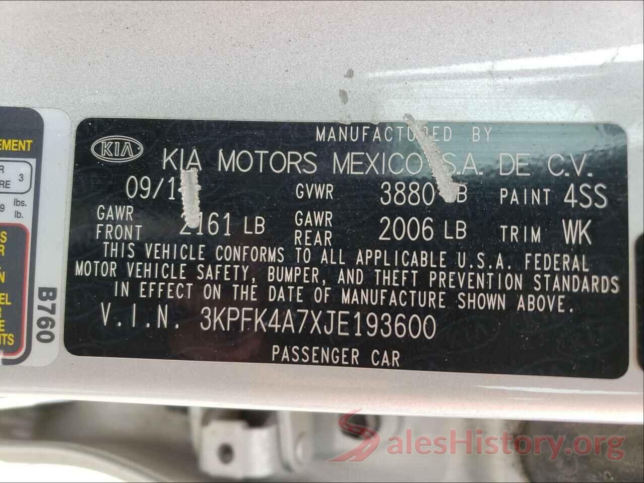 3KPFK4A7XJE193600 2018 KIA FORTE