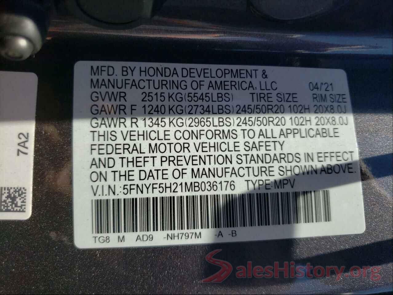 5FNYF5H21MB036176 2021 HONDA PILOT