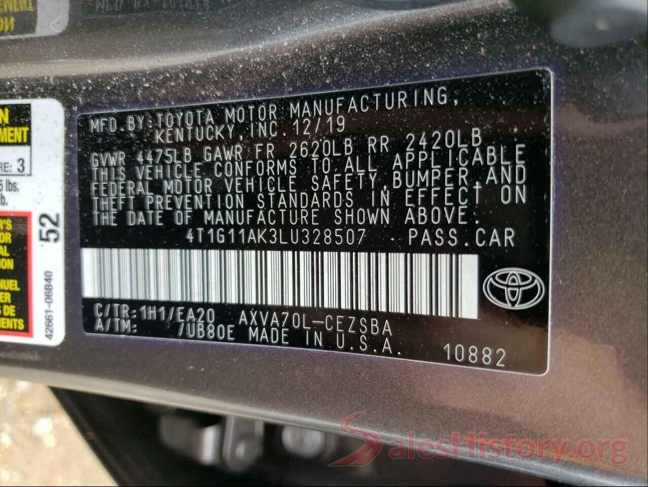 4T1G11AK3LU328507 2020 TOYOTA CAMRY