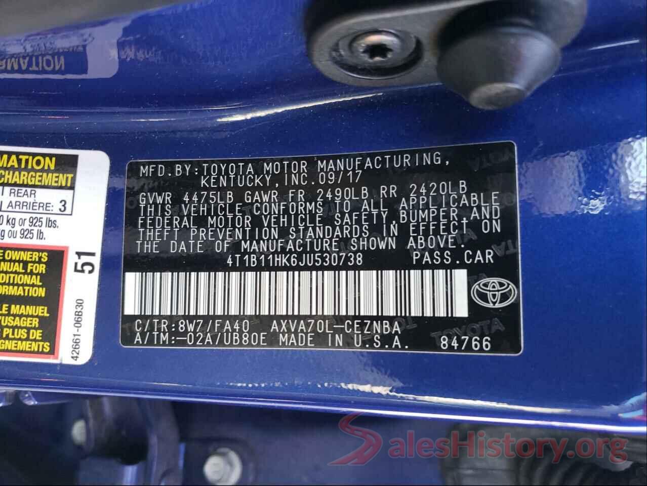 4T1B11HK6JU530738 2018 TOYOTA CAMRY