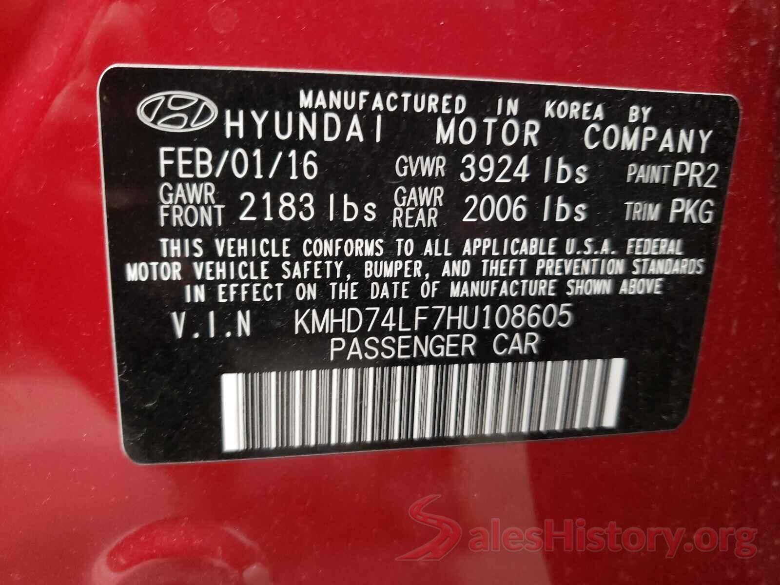 KMHD74LF7HU108605 2017 HYUNDAI ELANTRA