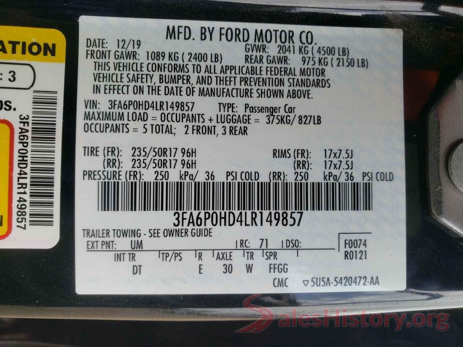 3FA6P0HD4LR149857 2020 FORD FUSION