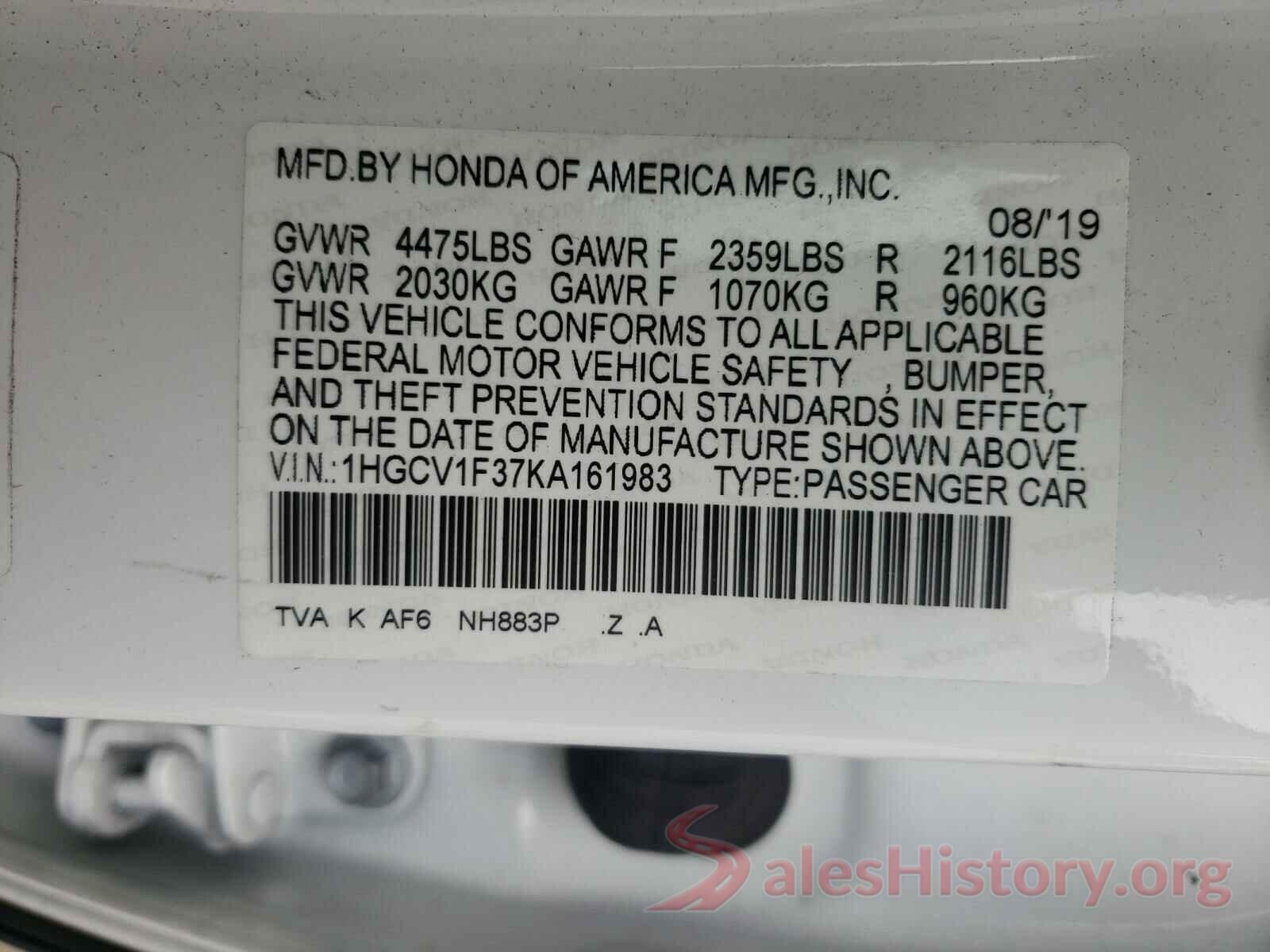 1HGCV1F37KA161983 2019 HONDA ACCORD