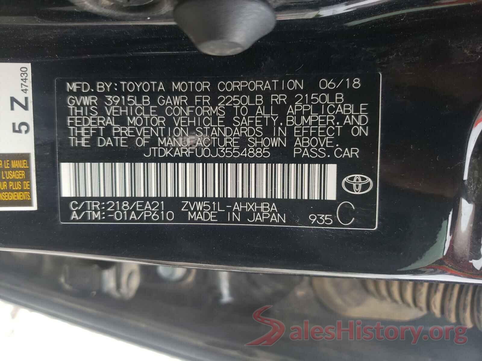 JTDKARFU0J3554885 2018 TOYOTA PRIUS