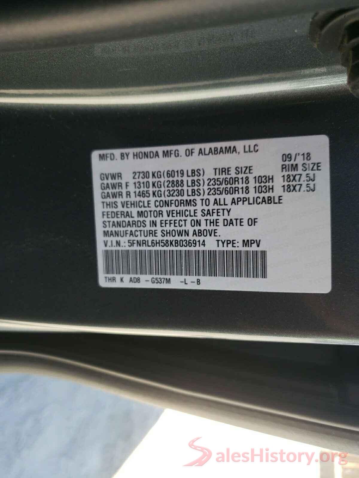 5FNRL6H58KB036914 2019 HONDA ODYSSEY