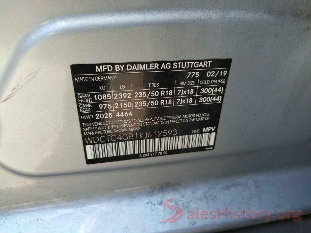 WDCTG4GB1KJ612593 2019 MERCEDES-BENZ GLA-CLASS