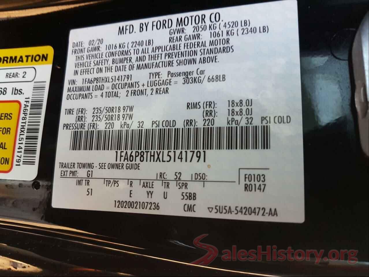 1FA6P8THXL5141791 2020 FORD MUSTANG