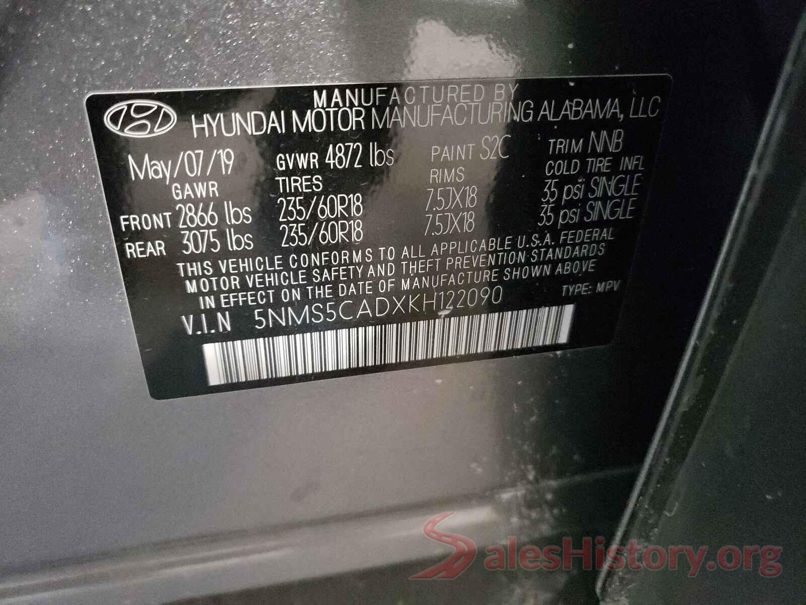 5NMS5CADXKH122090 2019 HYUNDAI SANTA FE