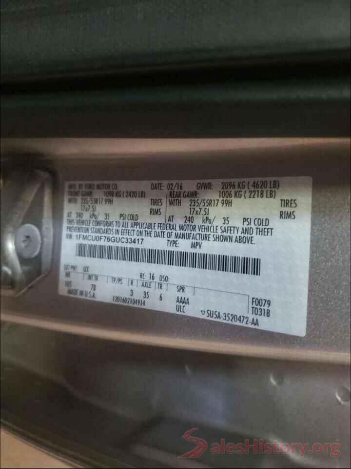 1FMCU0F76GUC33417 2016 FORD ESCAPE