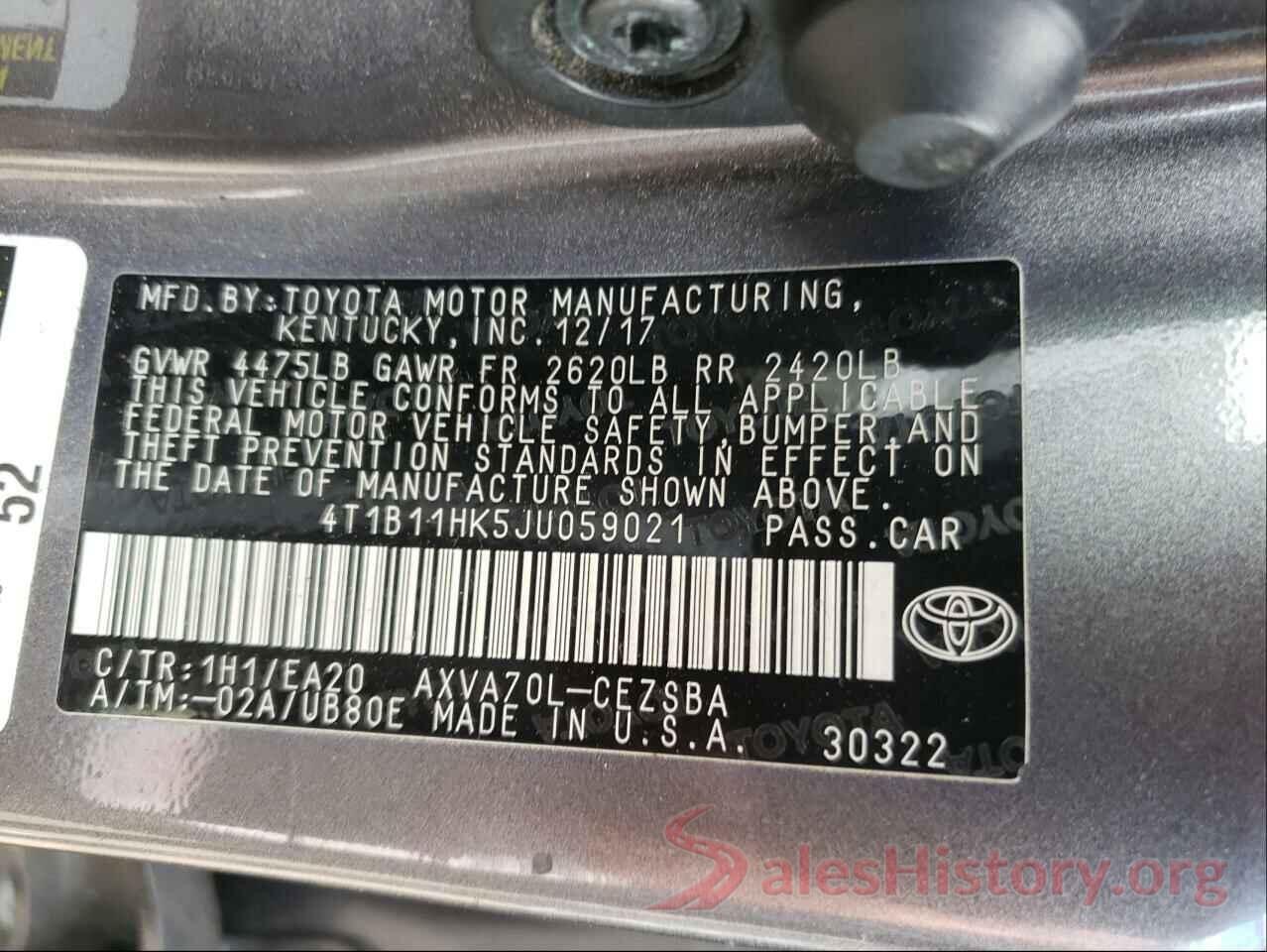 4T1B11HK5JU059021 2018 TOYOTA CAMRY