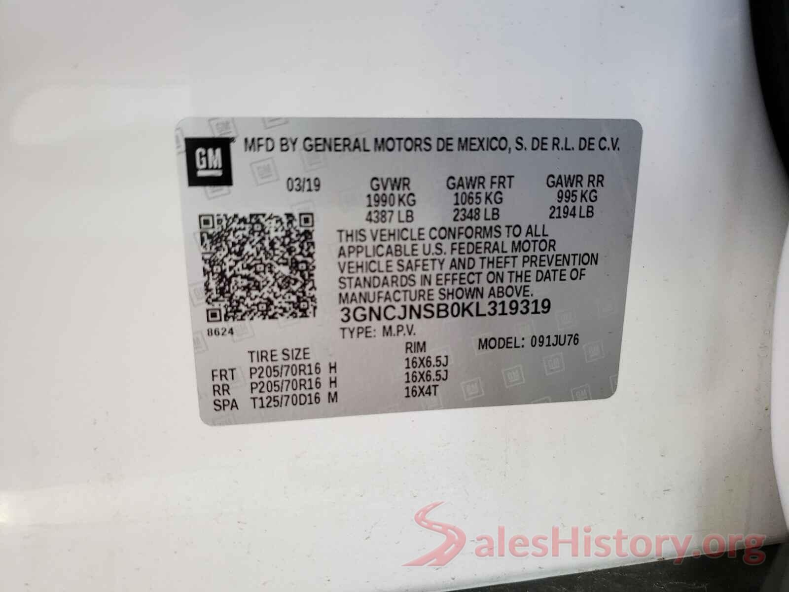 3GNCJNSB0KL319319 2019 CHEVROLET TRAX