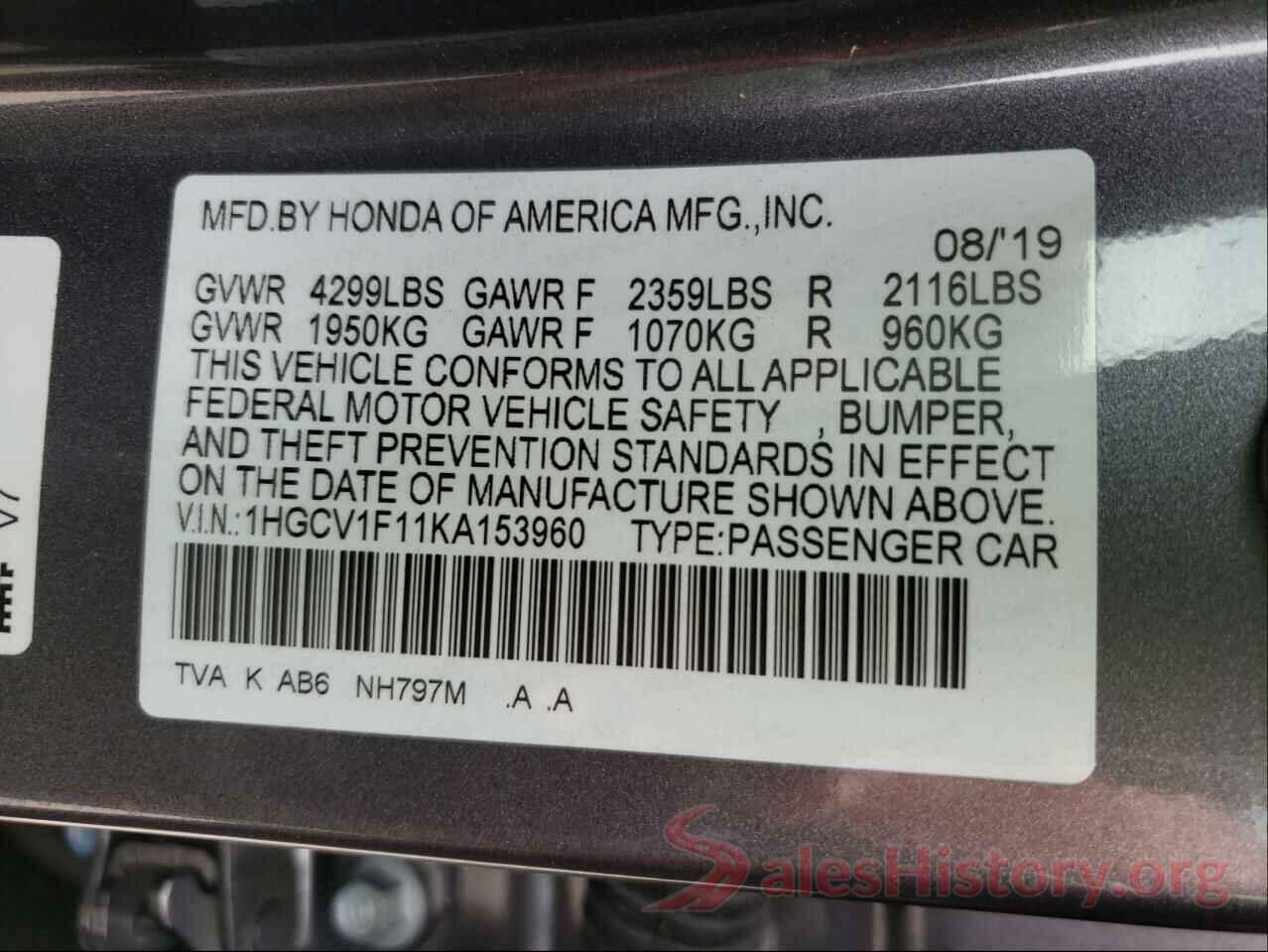 1HGCV1F11KA153960 2019 HONDA ACCORD