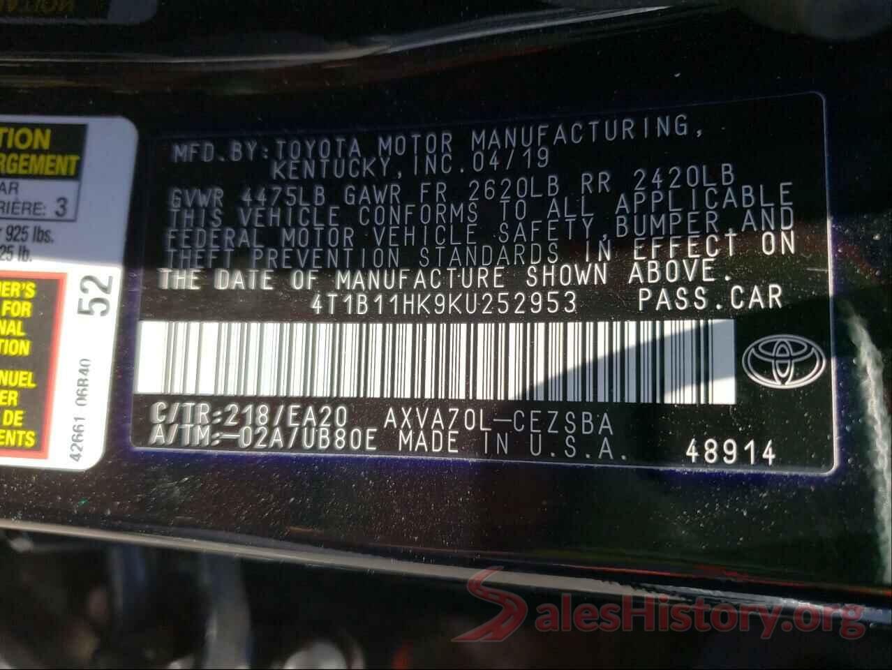 4T1B11HK9KU252953 2019 TOYOTA CAMRY