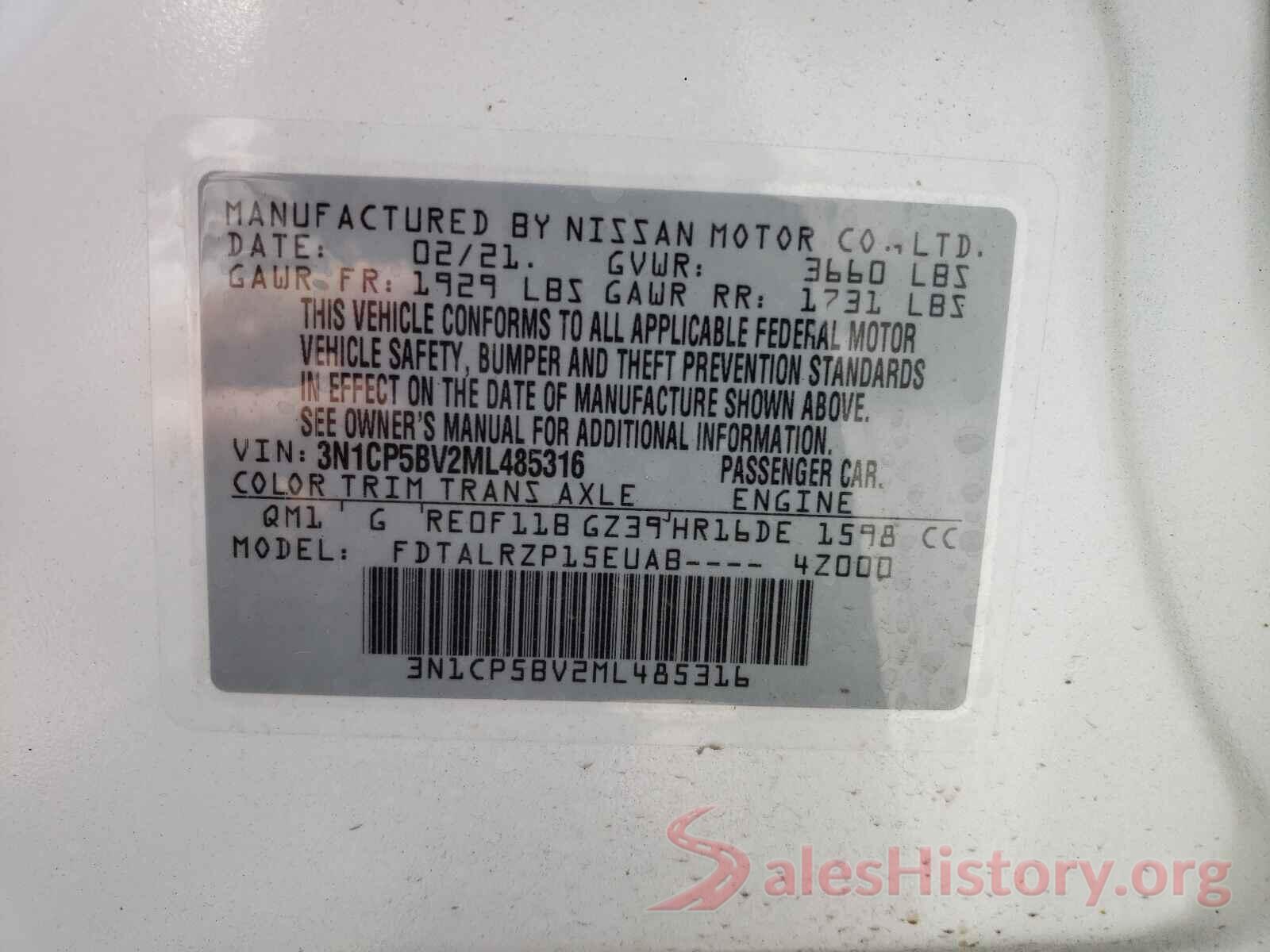 3N1CP5BV2ML485316 2021 NISSAN KICKS