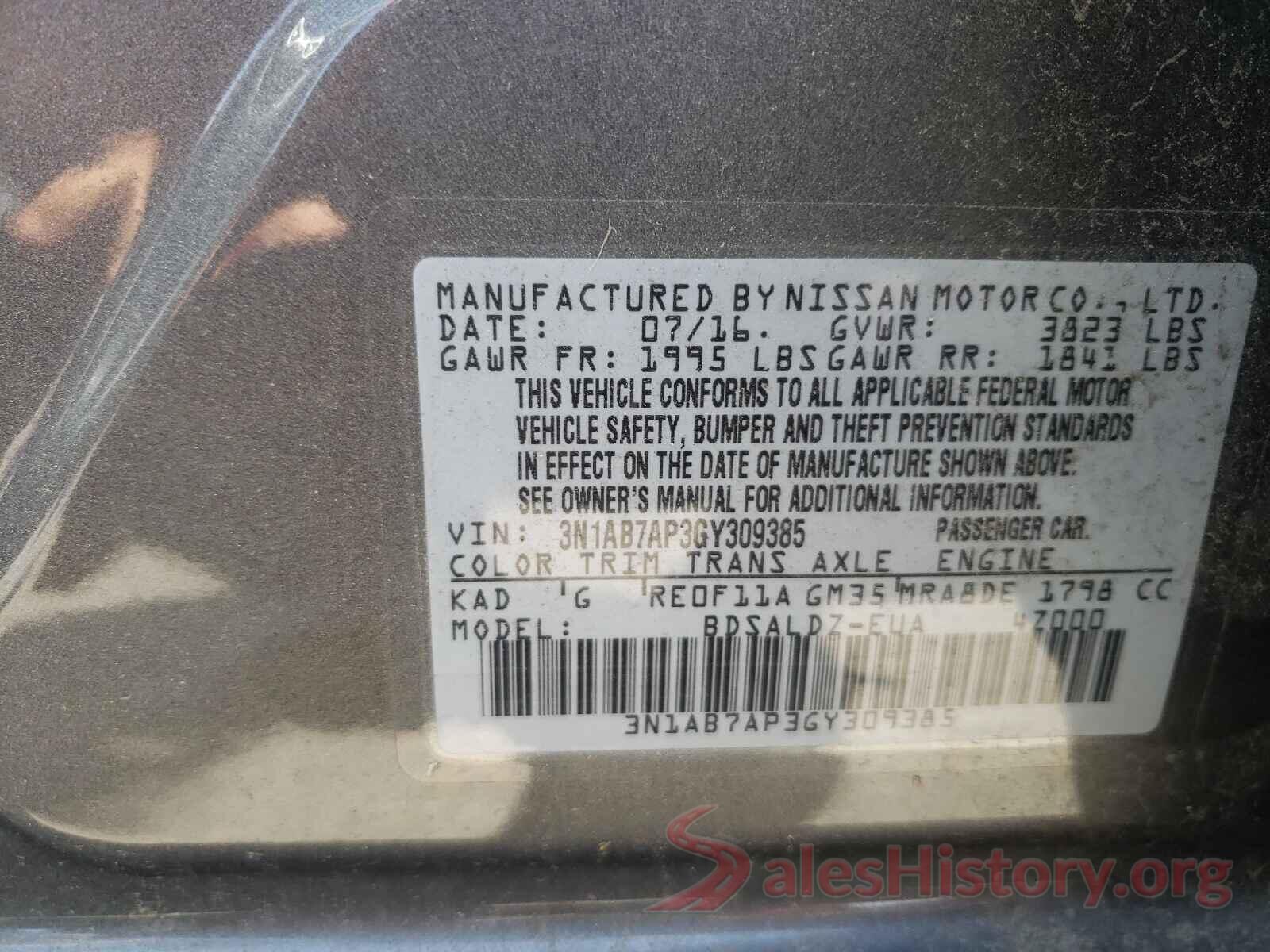 3N1AB7AP3GY309385 2016 NISSAN SENTRA