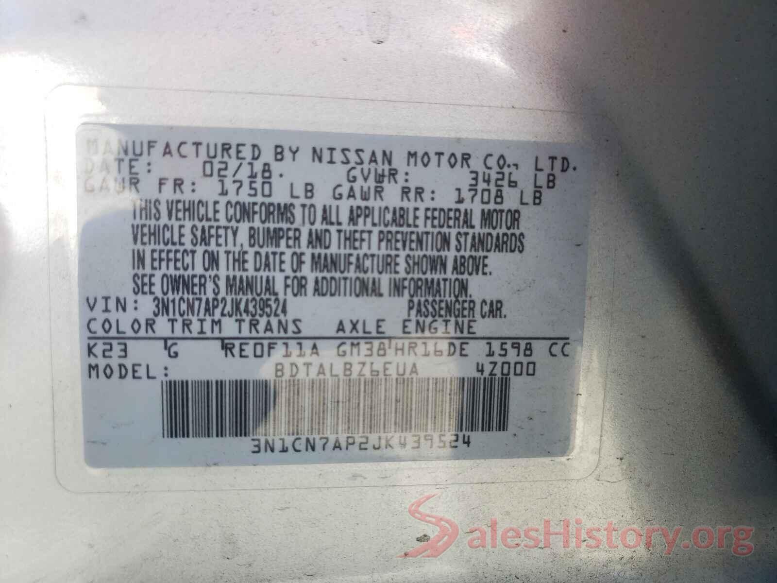 3N1CN7AP2JK439524 2018 NISSAN VERSA