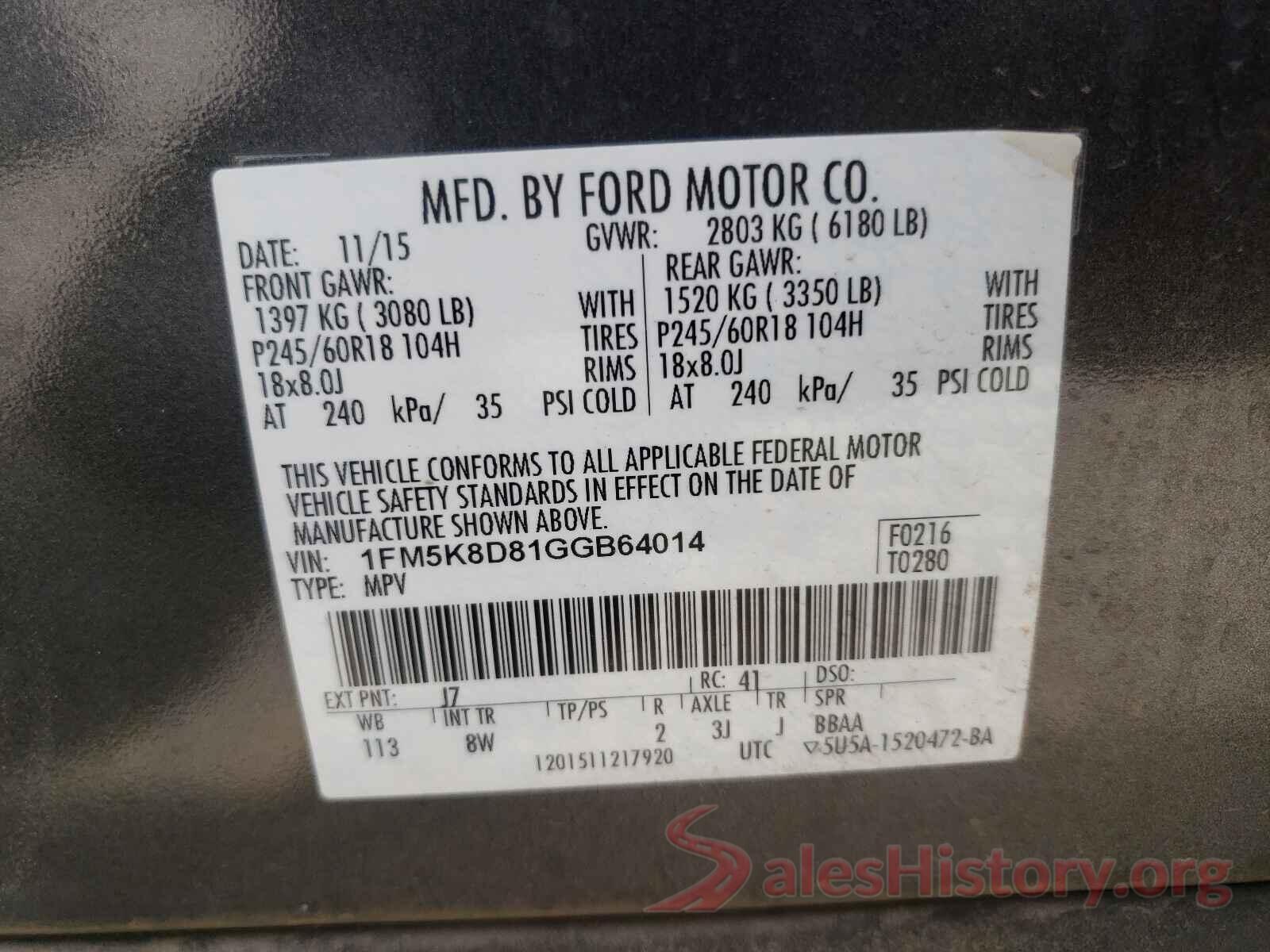 1FM5K8D81GGB64014 2016 FORD EXPLORER