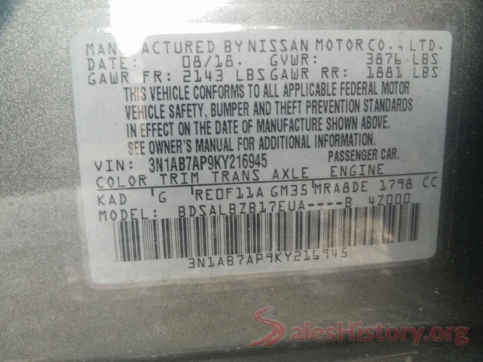 3N1AB7AP9KY216945 2019 NISSAN SENTRA