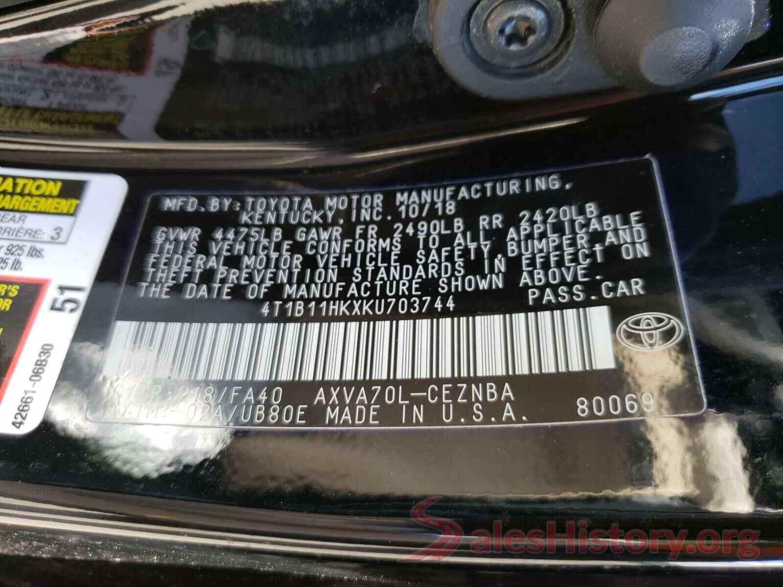 4T1B11HKXKU703744 2019 TOYOTA CAMRY