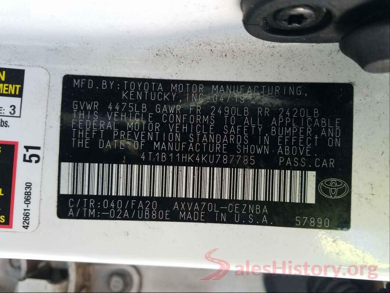 4T1B11HK4KU787785 2019 TOYOTA CAMRY