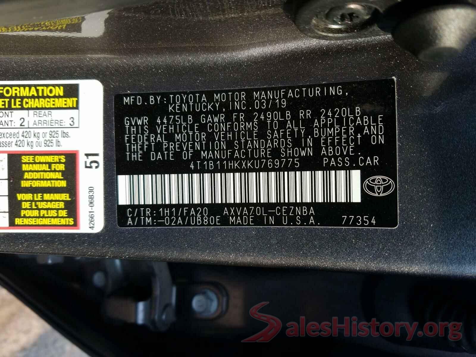 4T1B11HKXKU769775 2019 TOYOTA CAMRY