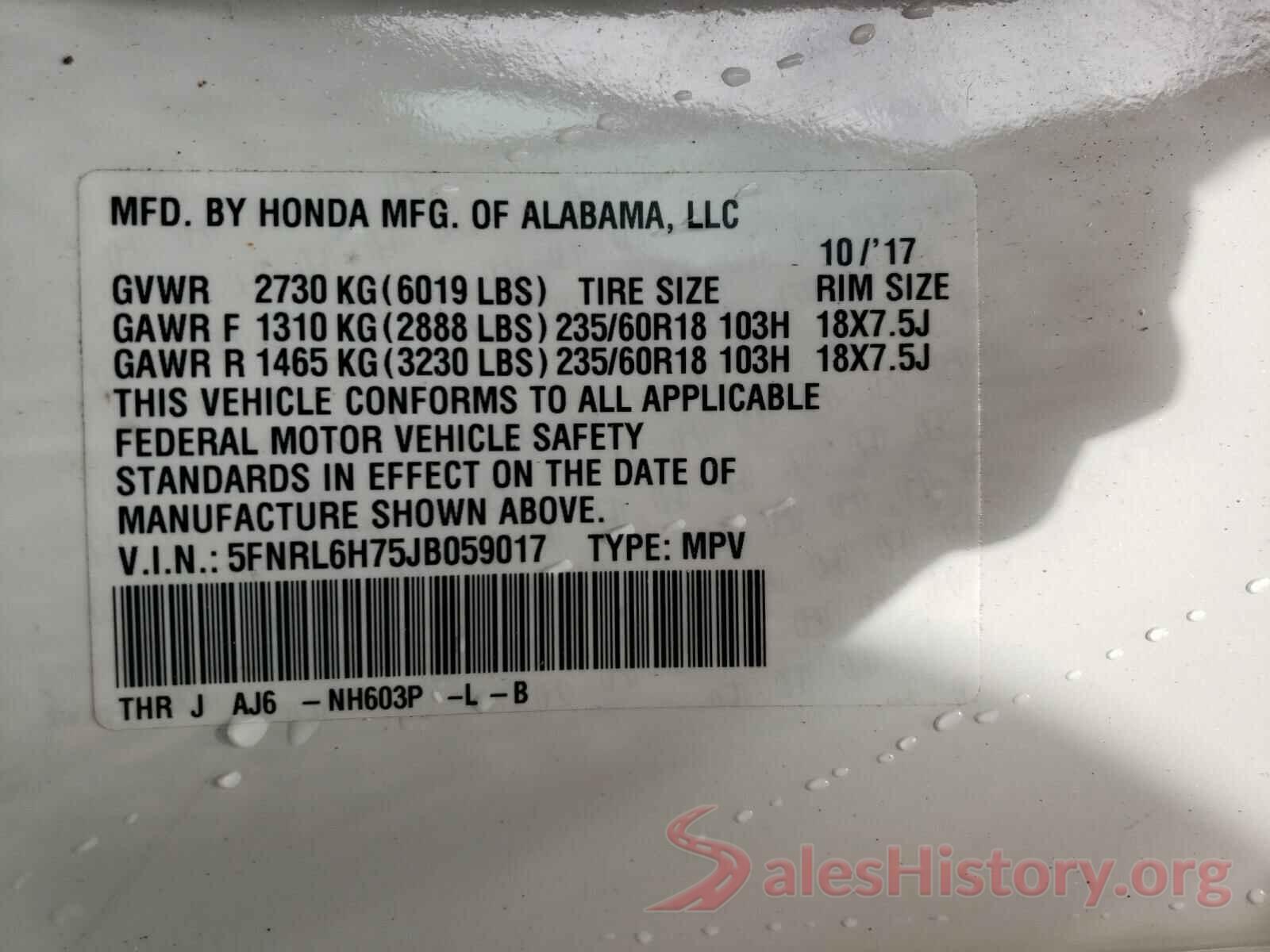 5FNRL6H75JB059017 2018 HONDA ODYSSEY