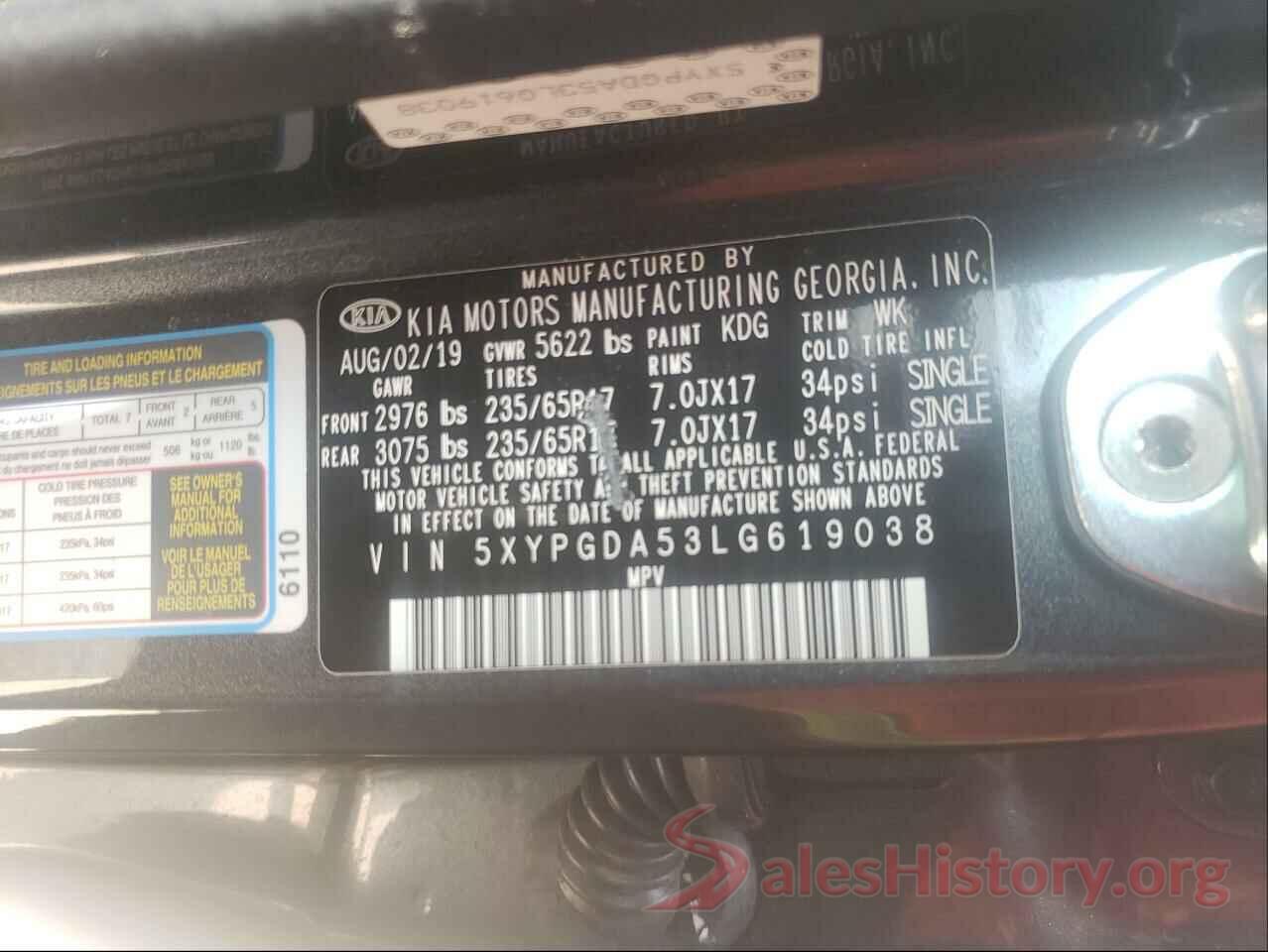 5XYPGDA53LG619038 2020 KIA SORENTO