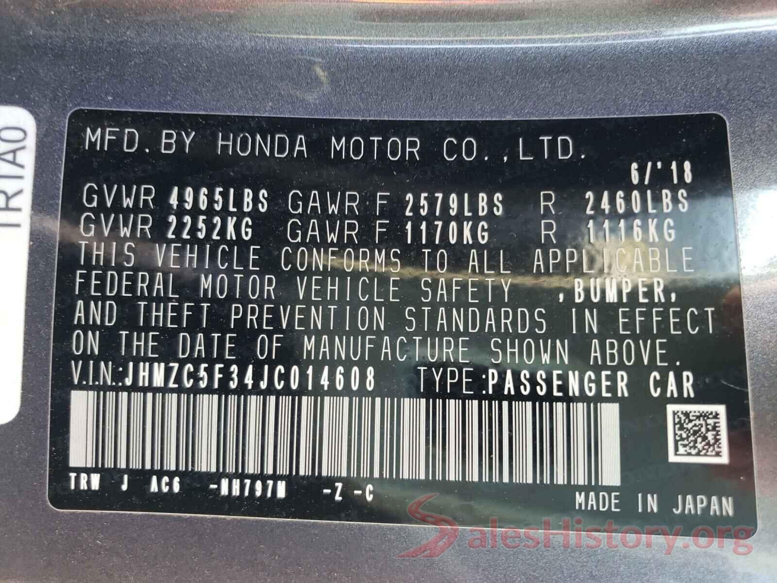 JHMZC5F34JC014608 2018 HONDA CLARITY