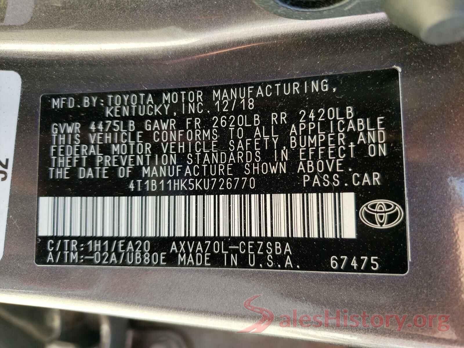 4T1B11HK5KU726770 2019 TOYOTA CAMRY