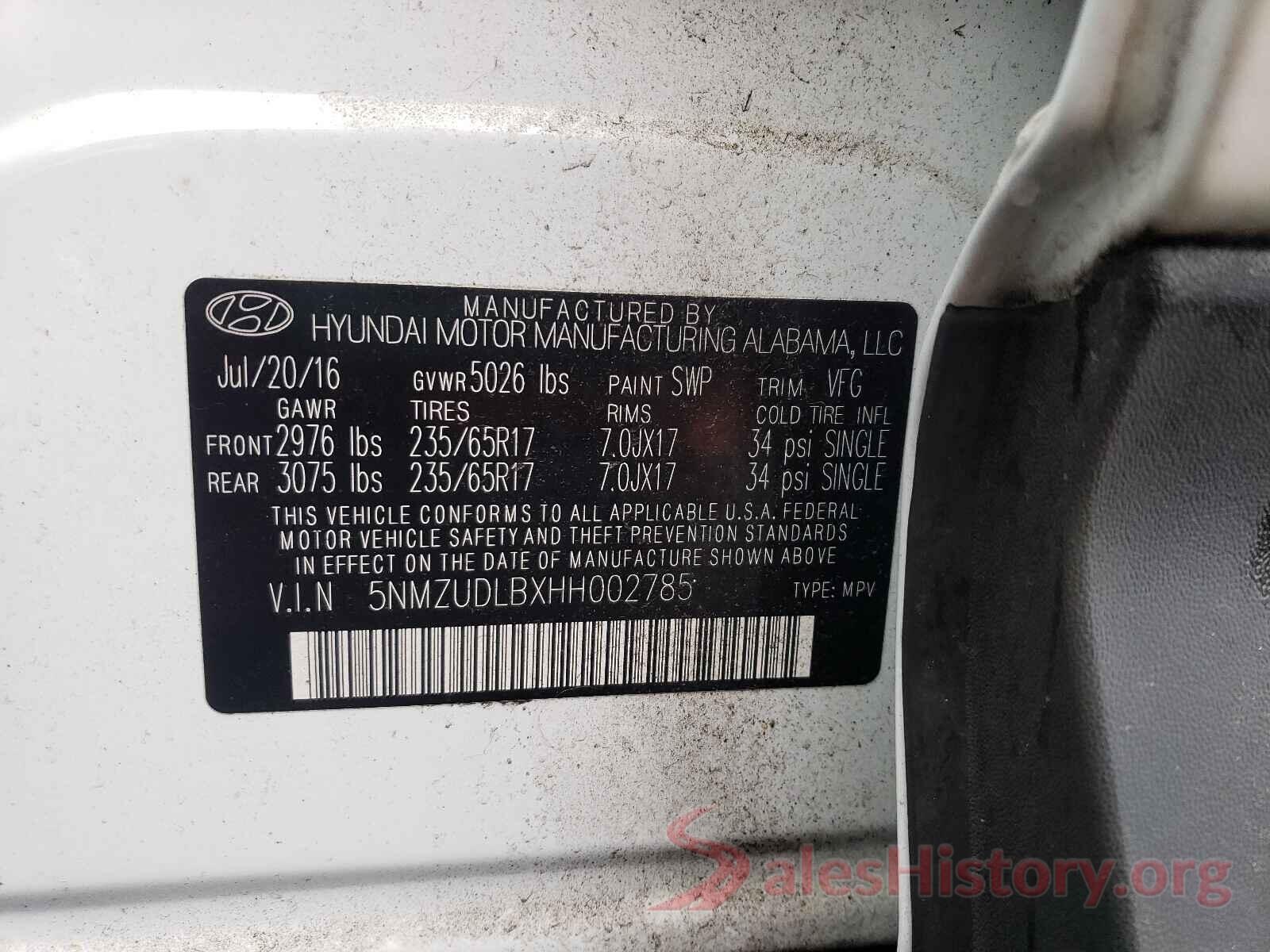 5NMZUDLBXHH002785 2017 HYUNDAI SANTA FE