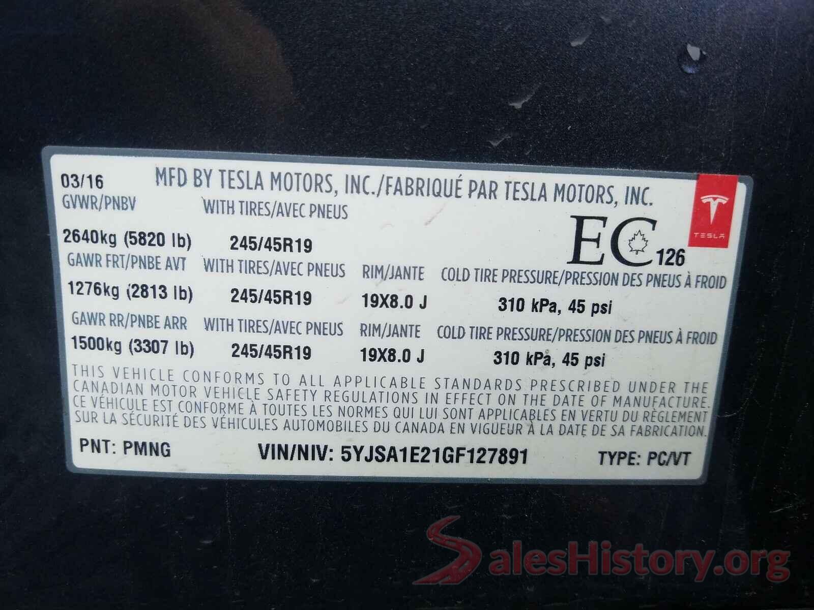 5YJSA1E21GF127891 2016 TESLA MODEL S