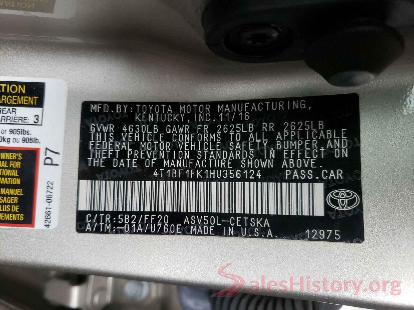 4T1BF1FK1HU356124 2017 TOYOTA CAMRY