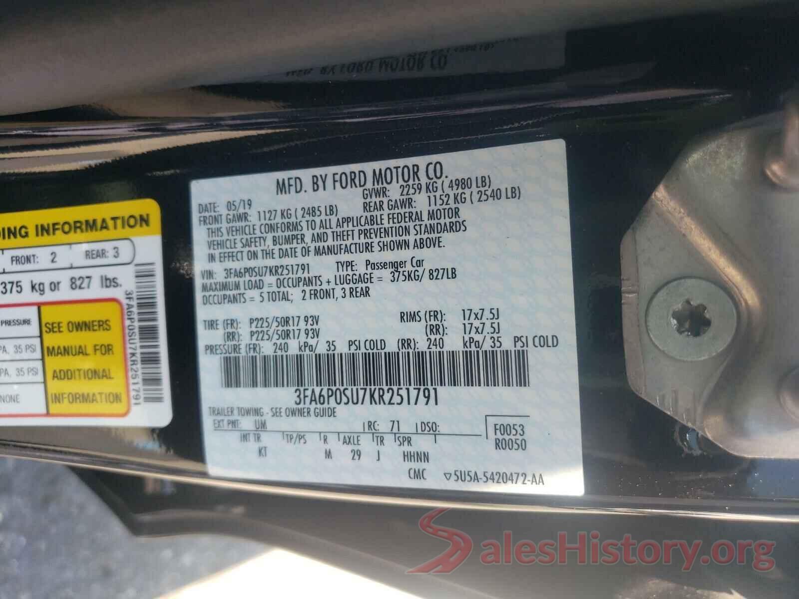 3FA6P0SU7KR251791 2019 FORD FUSION