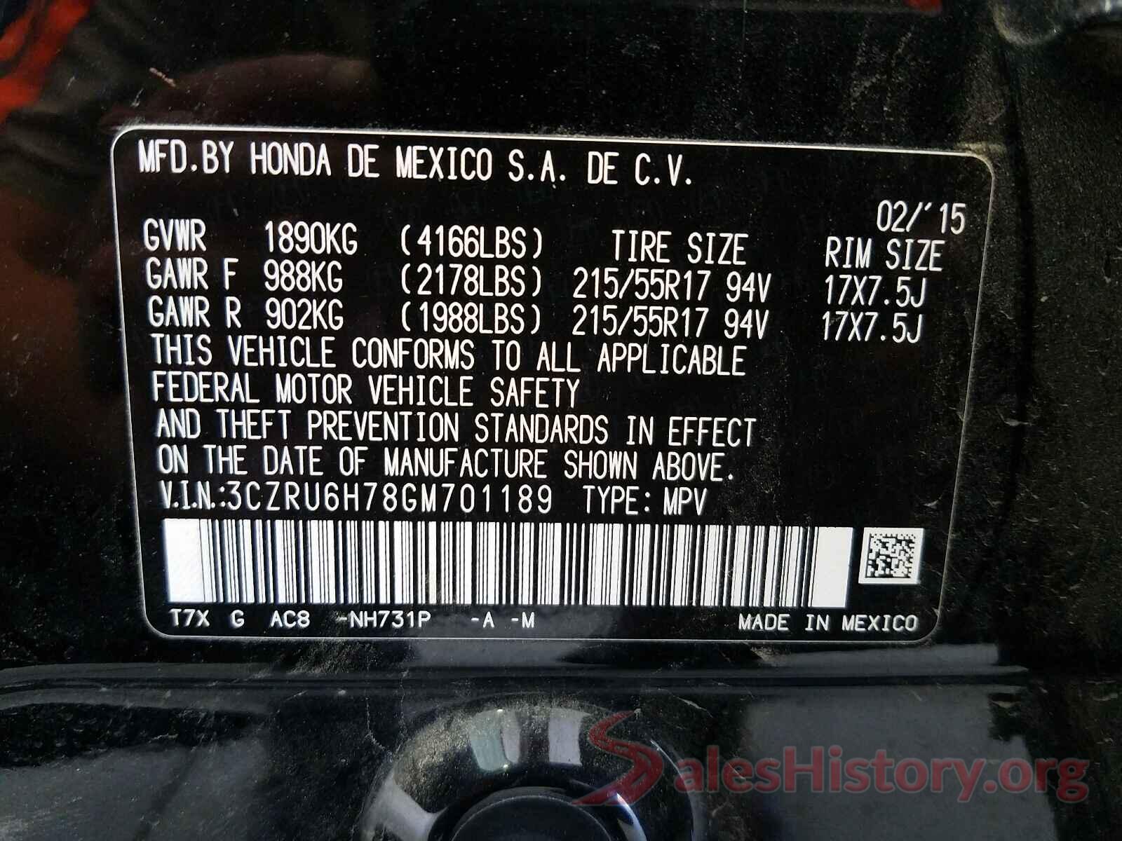 3CZRU6H78GM701189 2016 HONDA HR-V