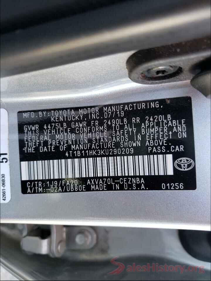 4T1B11HK3KU290209 2019 TOYOTA CAMRY