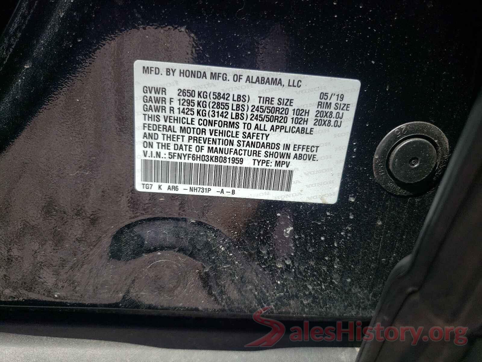 5FNYF6H03KB081959 2019 HONDA PILOT