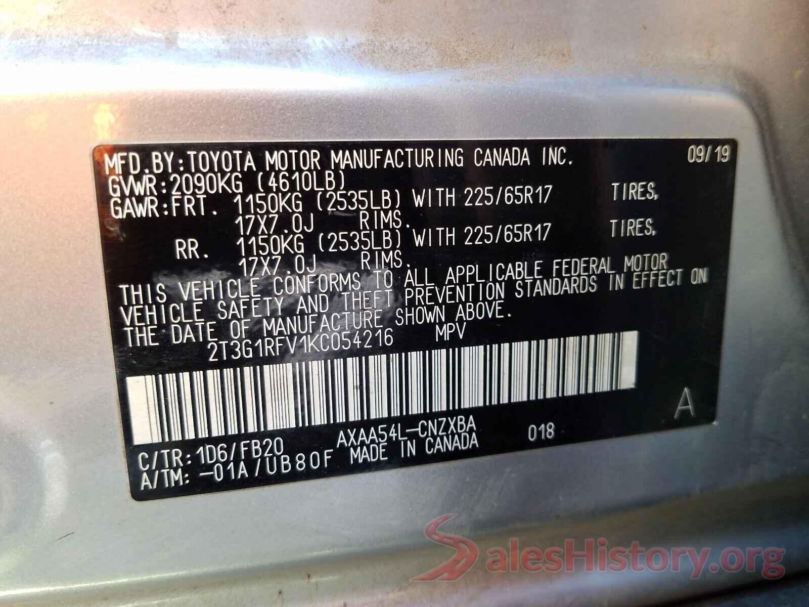 2T3G1RFV1KC054216 2019 TOYOTA RAV4