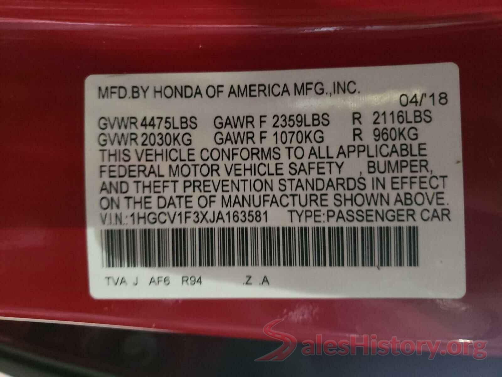 1HGCV1F3XJA163581 2018 HONDA ACCORD