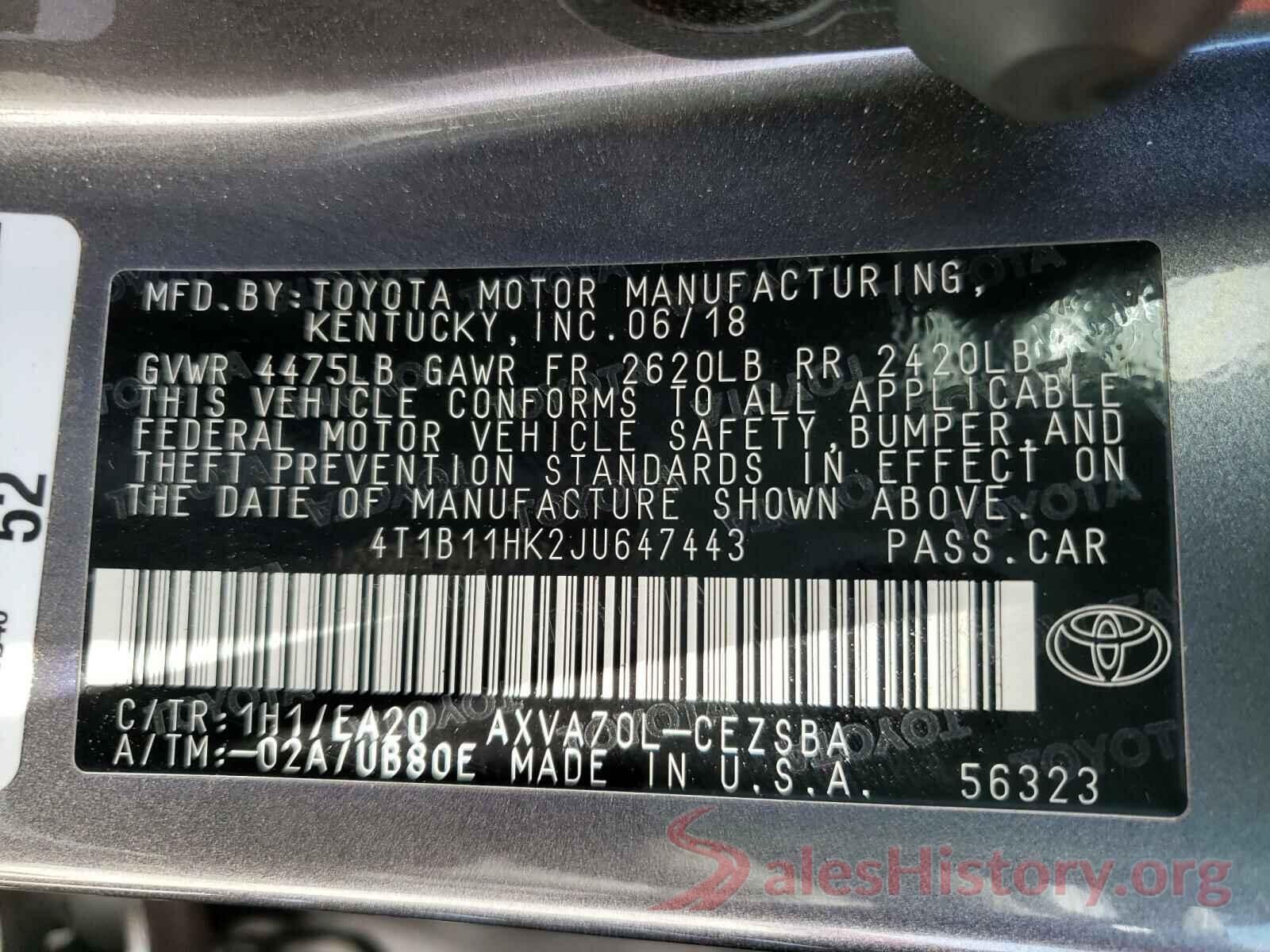 4T1B11HK2JU647443 2018 TOYOTA CAMRY