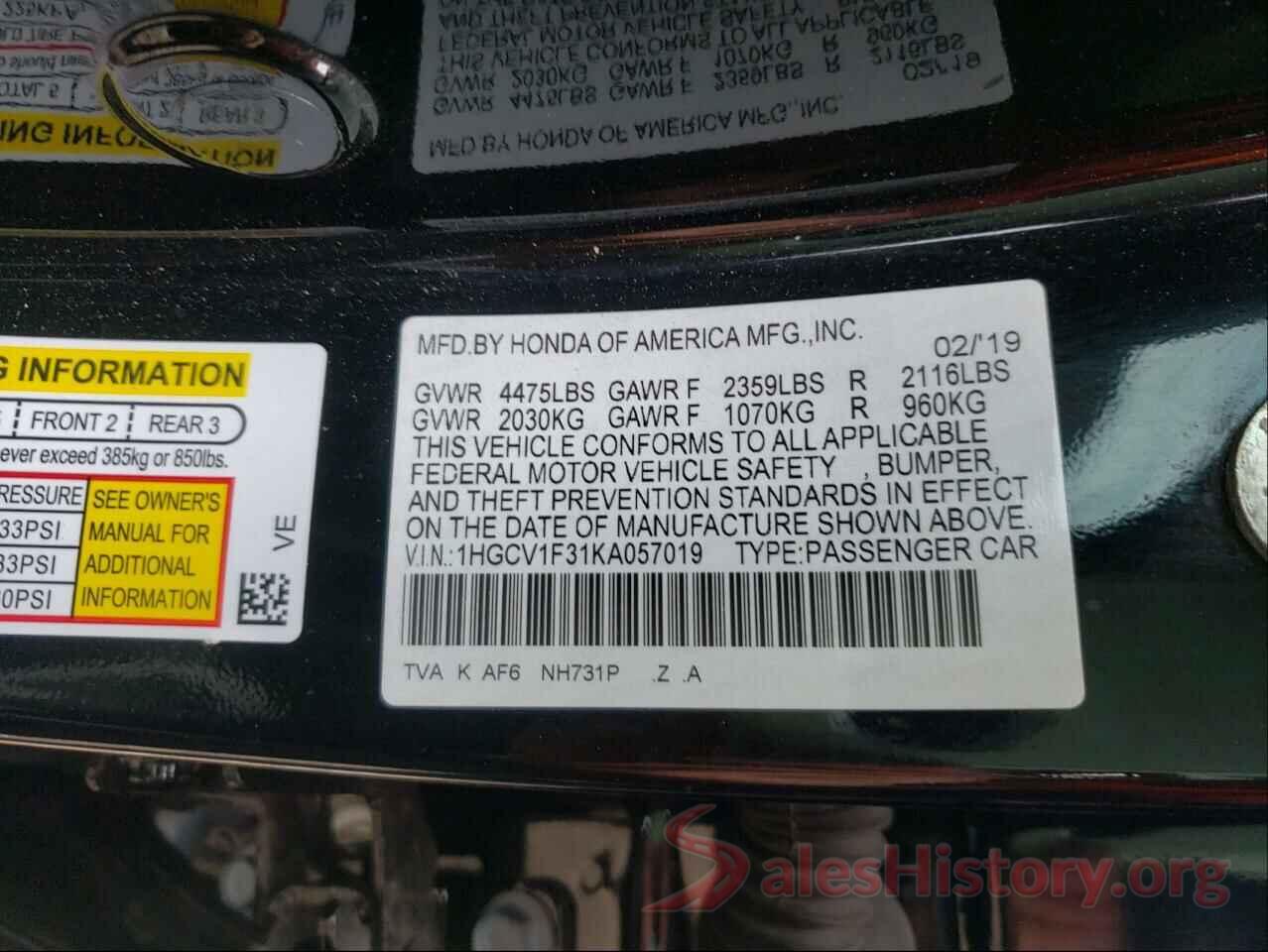 1HGCV1F31KA057019 2019 HONDA ACCORD