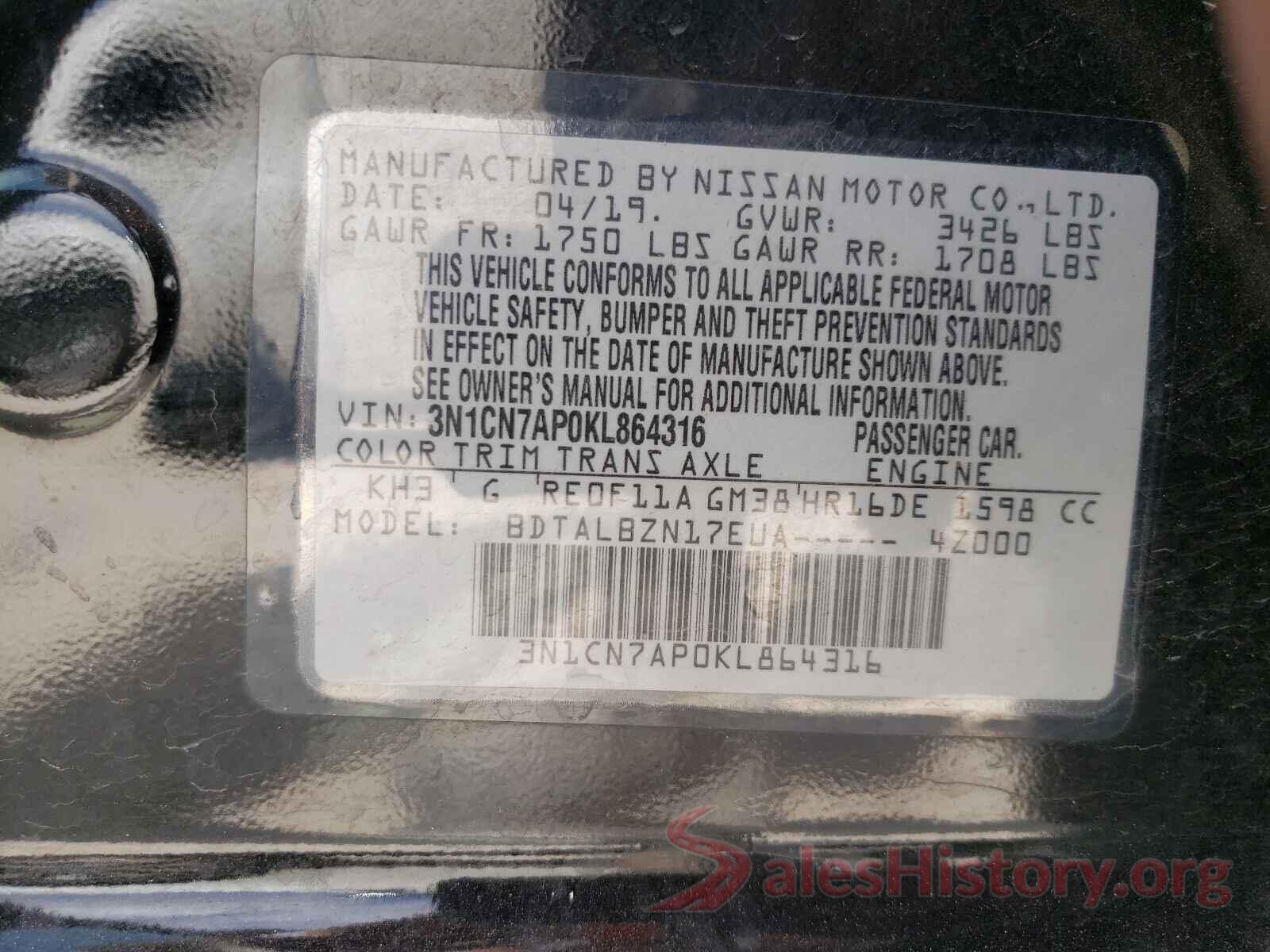 3N1CN7AP0KL864316 2019 NISSAN VERSA