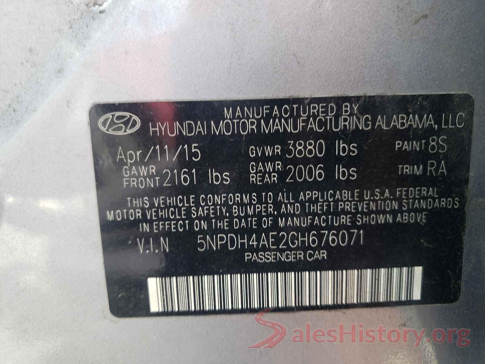 5NPDH4AE2GH676071 2016 HYUNDAI ELANTRA