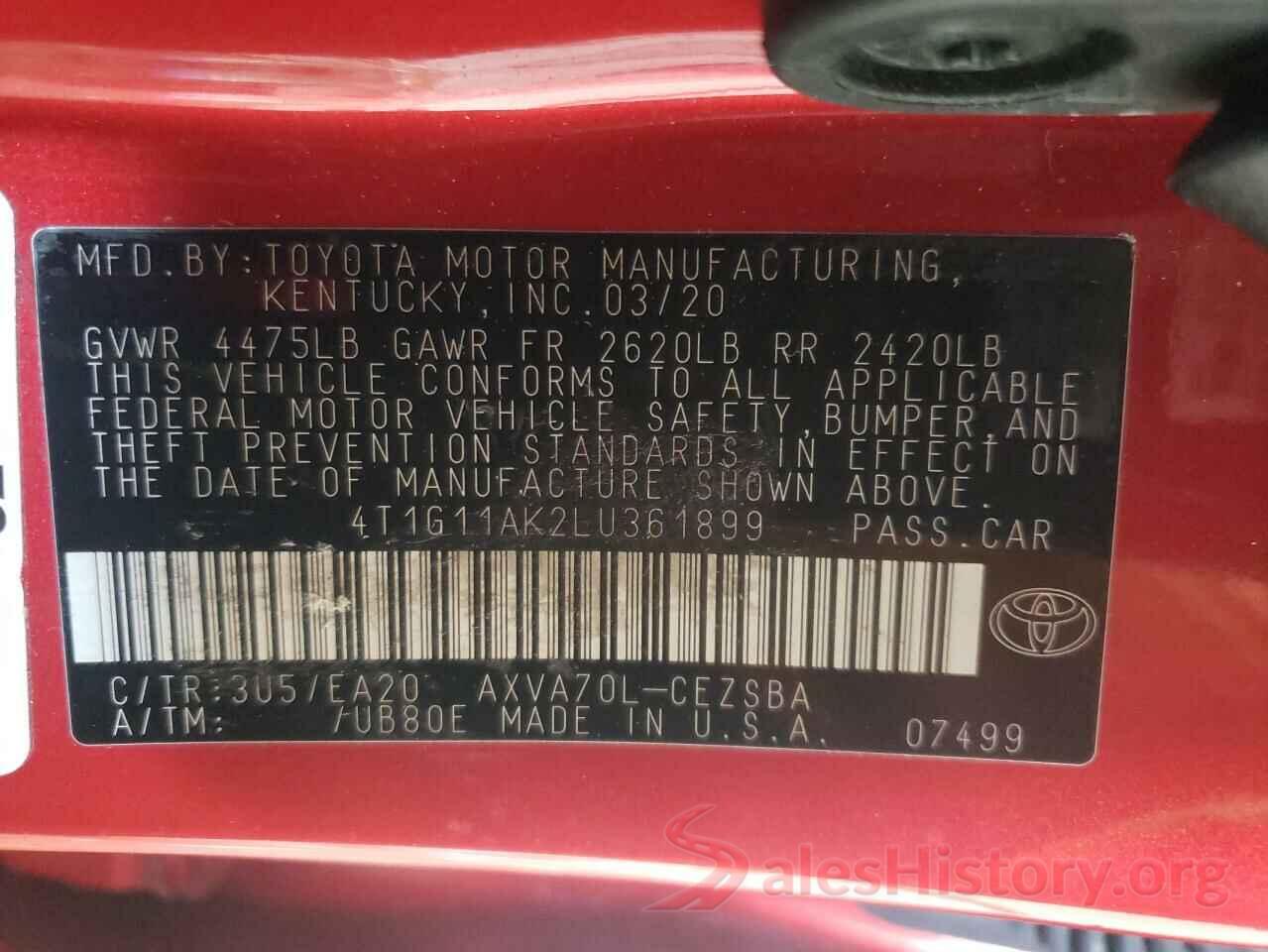 4T1G11AK2LU361899 2020 TOYOTA CAMRY