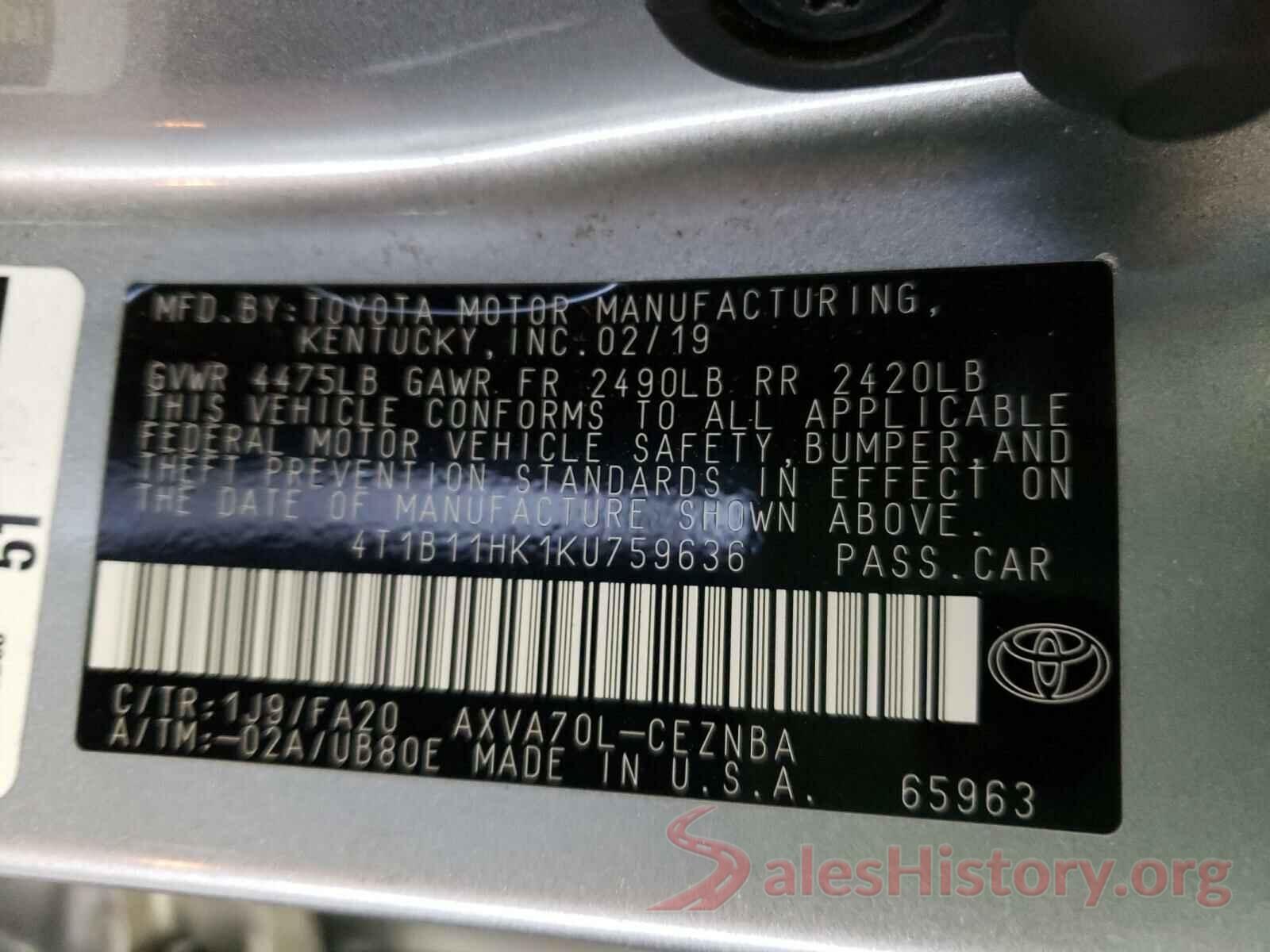 4T1B11HK1KU759636 2019 TOYOTA CAMRY